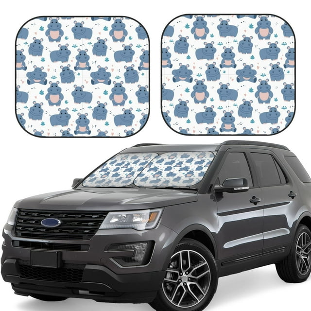 Saiise Cute Hippos for Foldable Car Sun Shades (2-Pack) Offer Sun Protection with an Easy-fold Design for Convenient Windshield Shading-Small