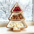 thumbnail image 4 of Christmas Tree Shaped Tiered Tray - 3-Layer Ceramic Bowl & Wooden Base, Festive Dried Fruit Snack Platter with "Merry Christmas" Gold Lettering, Snowflake Design Holiday Tableware for Party/Kitchen, 4 of 5