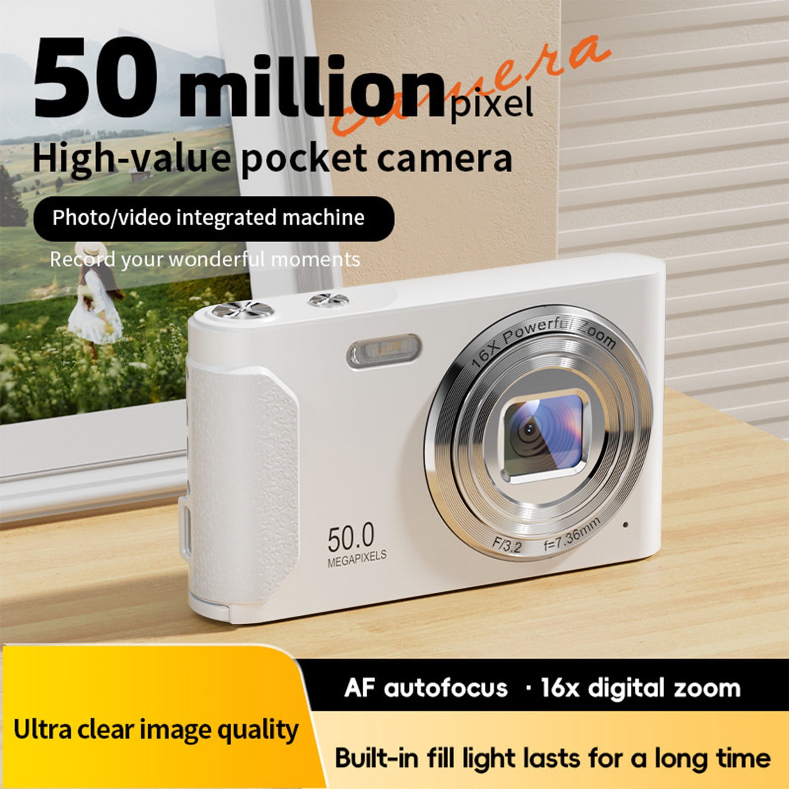 White Ccd High Definition Macro Digital Camera 16X Zoom 2.4 Inch Screen 800W Effective Pixel Recording Selfie Beauty Filter Camera With Built In Battery White