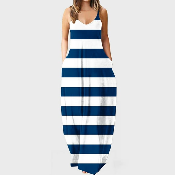 SMihono Summer Boho Maxi Dress for Women Plus Size Women's Maxi Dresses Summer Casual V-Neck Sleeveless Vacation Beach Pockets Long Dress Beach Swing Sundress