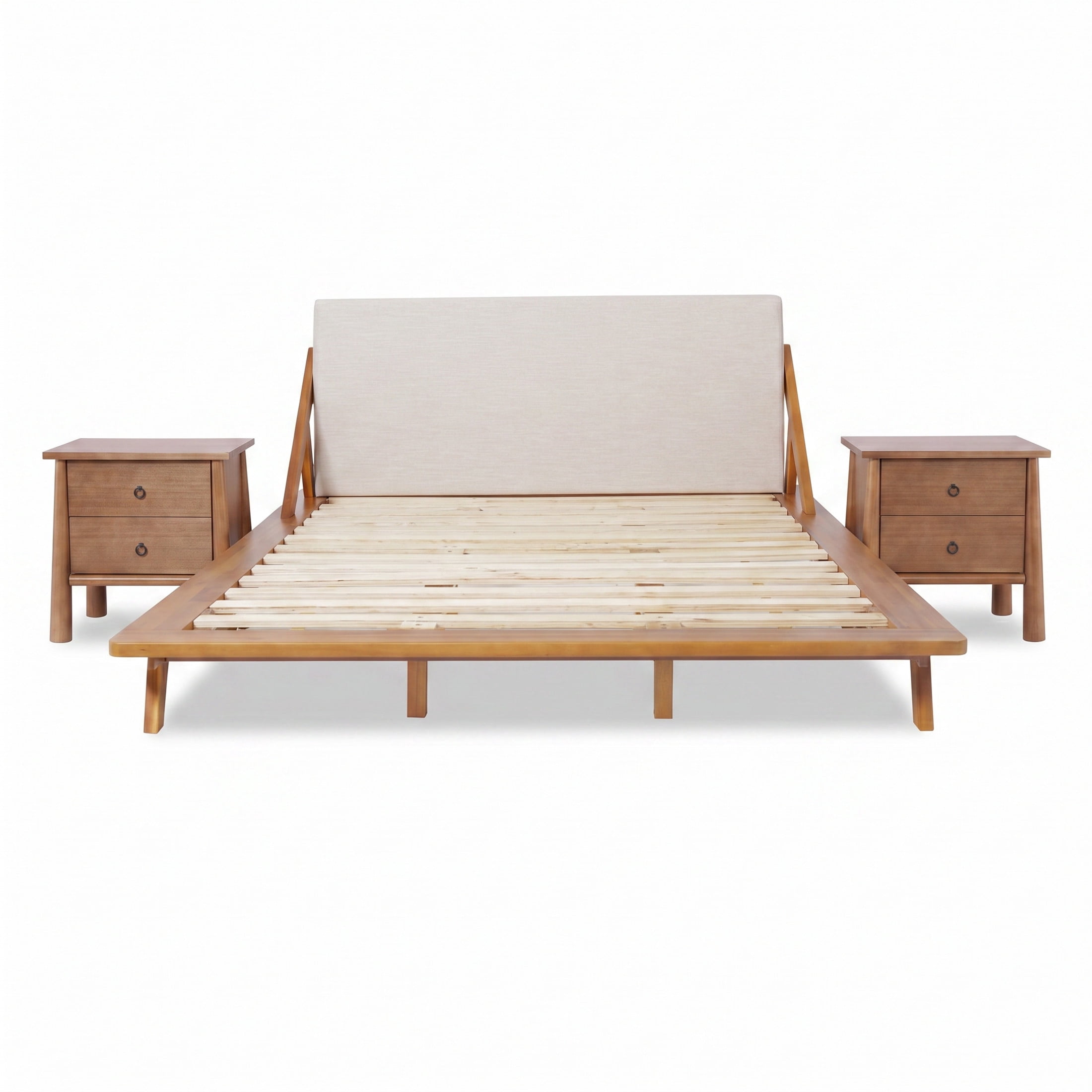 Christopher Knight Home Modern King Upholstered Platform Bed with 2 Natural Nightstands, Natural+Beige