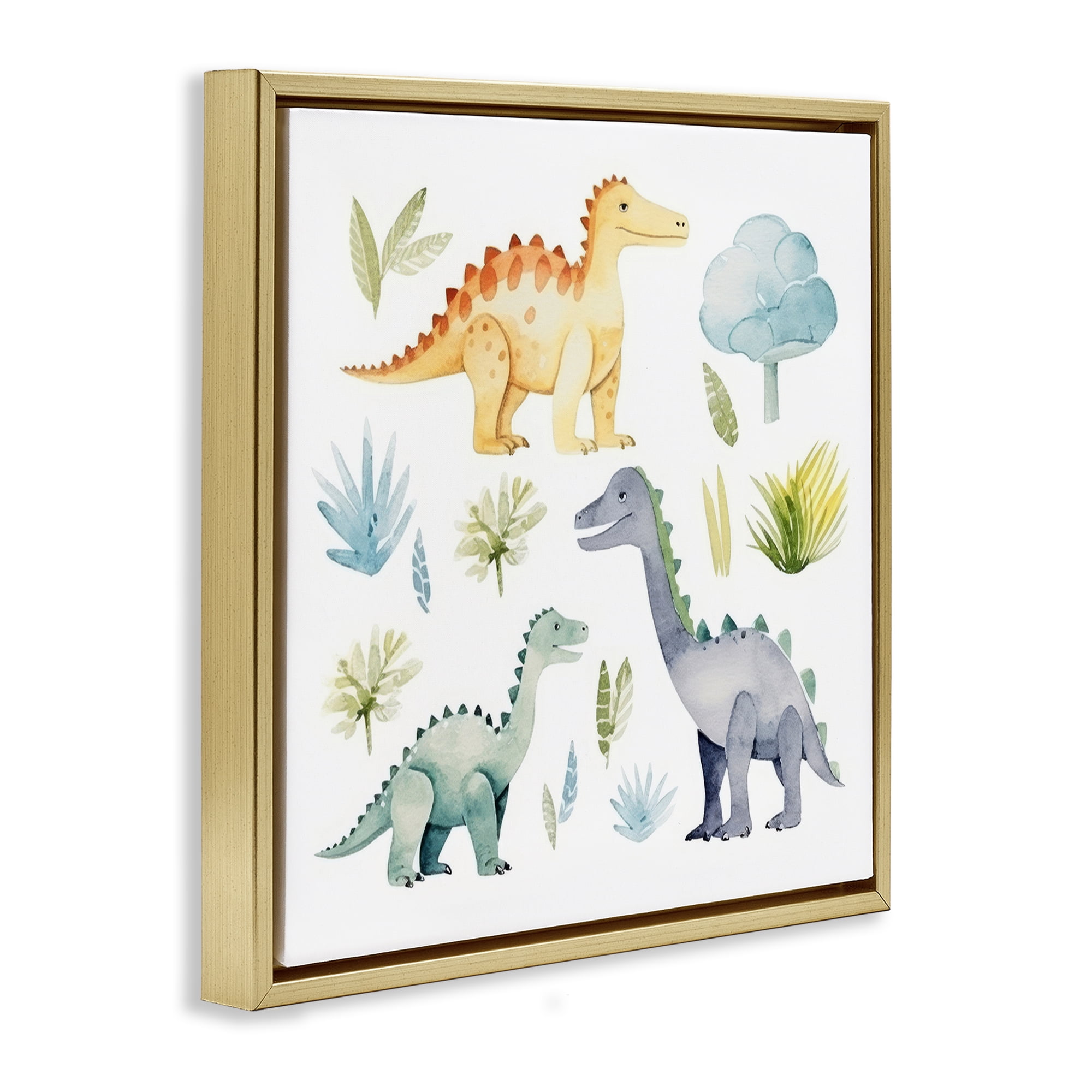Stupell Industries Dino Wonderland Wonders Animals Painting Gold Floater Framed Canvas Art Print Wall Art, 18 x 18