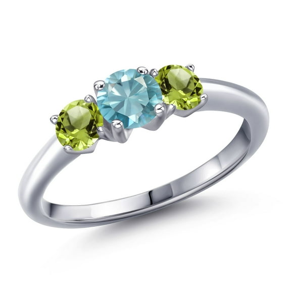 Gem Stone King 925 Sterling Silver Blue Zircon and Green Peridot Engagement Ring for Women | 1.45 Cttw | Round 5MM | Gemstone Birthstone | Size 5