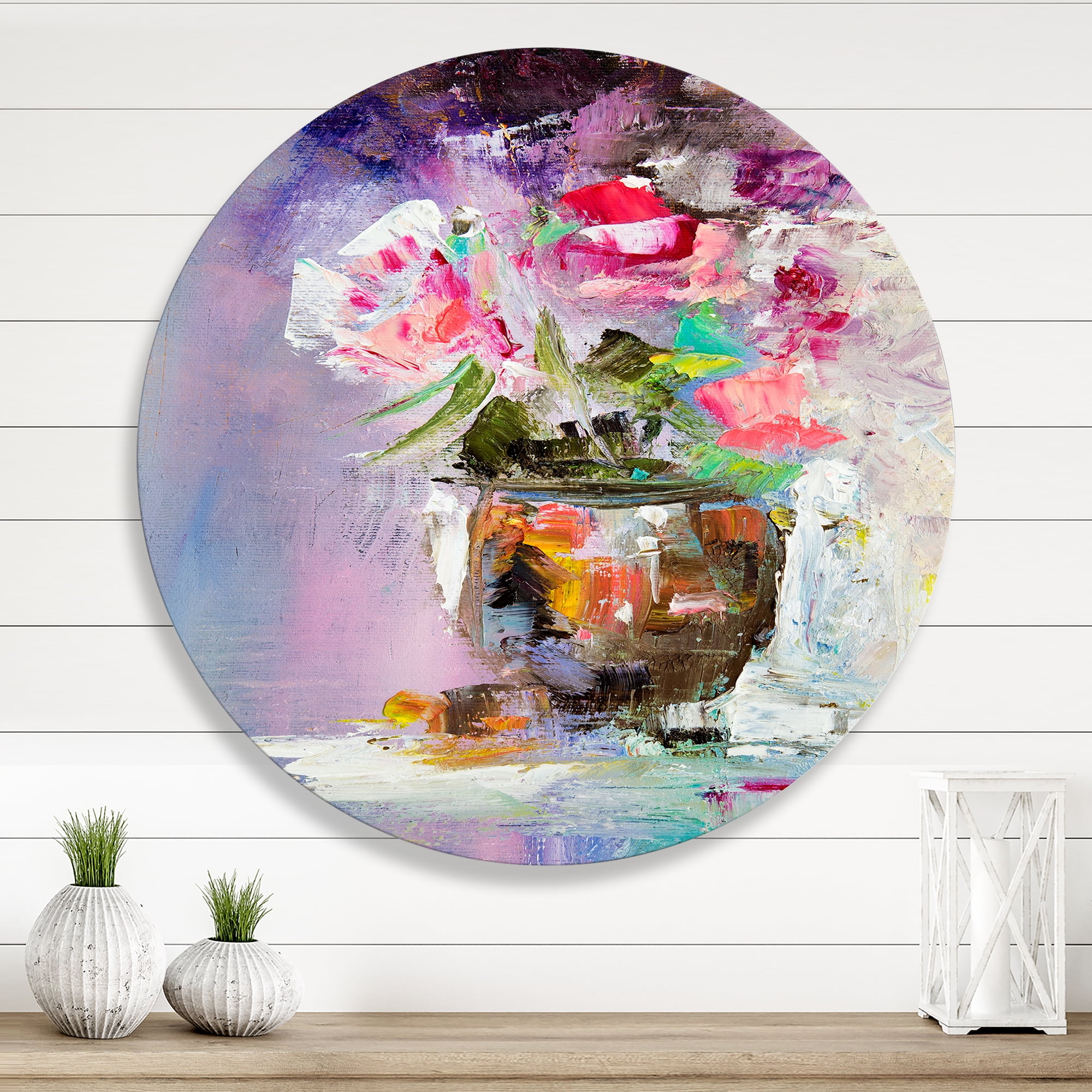 Designart 'Pink Fresh Abstract Flowers Bouquet in Vase' Modern Circle Metal Wall Art 23x23 - Disc of 23