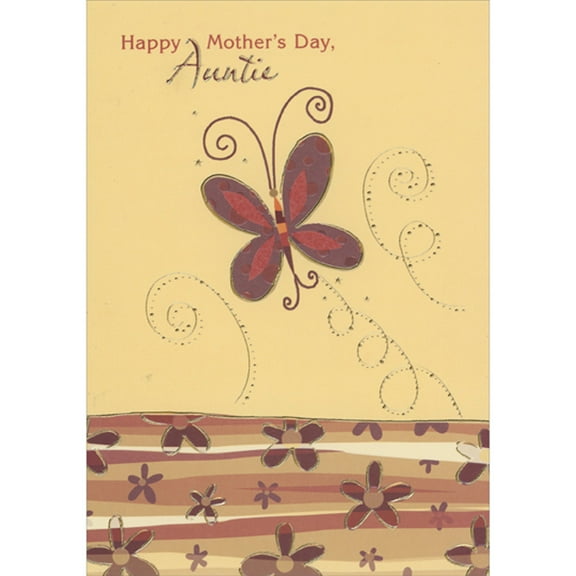 Designer Greetings Brown and Orange Butterfly, Gold Foil Swirls and Repeated Brown Flowers African American Mother's Day Card for Auntie
