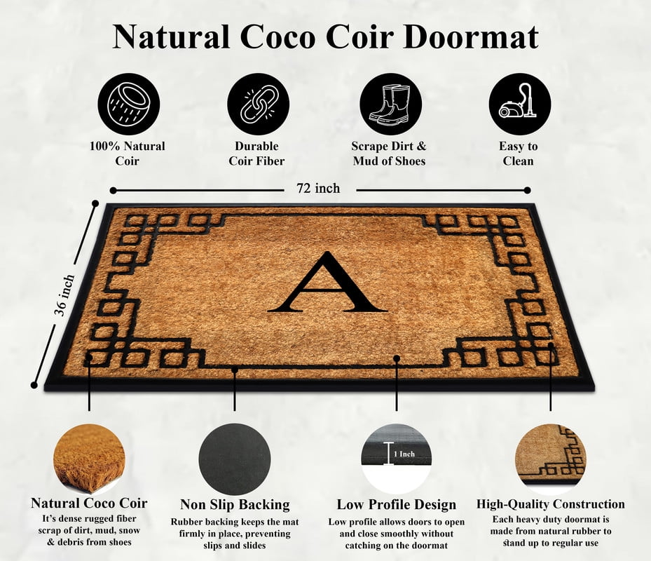 A1 Home Collections Natural Coir & Rubber Door Mat, Long-Lasting Entrance Doormats for Front Door, Thick & Non-Slip Durable Outdoor Entry Mat 36" x 72"