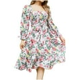 thumbnail image 2 of Njoeus Women's Chiffon Wide Neck Floral Print Flowy Midi Dress Casual Tie Waist Long Sleeve Smocked Long Dresses, 2 of 9