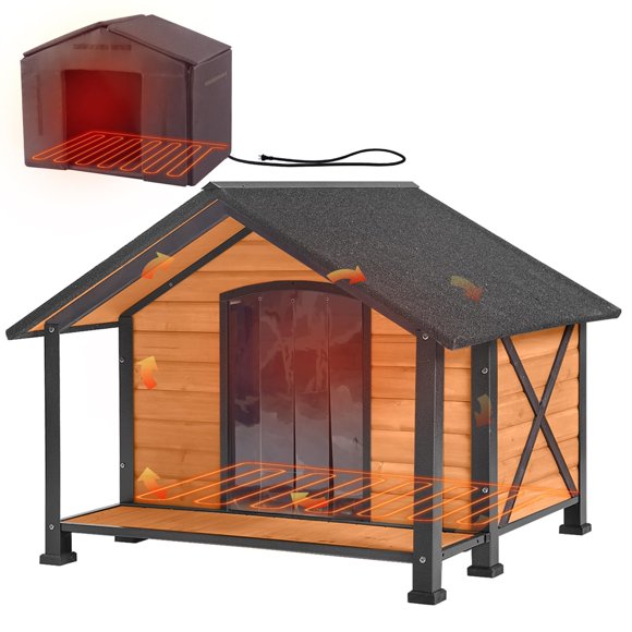 Aivituvin 34.3" Large Outdoor Heated Dog House with Heating Pad & Insulated Liner, Iron Frame Insulated Dog Kennel for Winter, Anti-Chewing