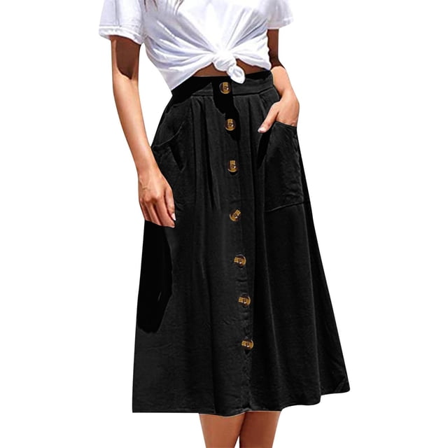 Falda midi evasé con bolsillos y botones de cintura alta para mujer - Estilo informal de color liso - Tejido de poliéster - Tallas S-XL