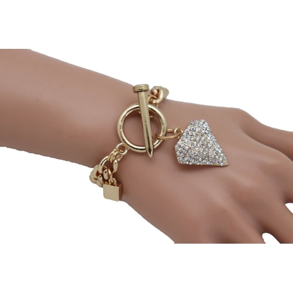 Women Gold Metal Chain Fashion Jewelry Bracelet Shiny Diamond Shape Fancy Charm