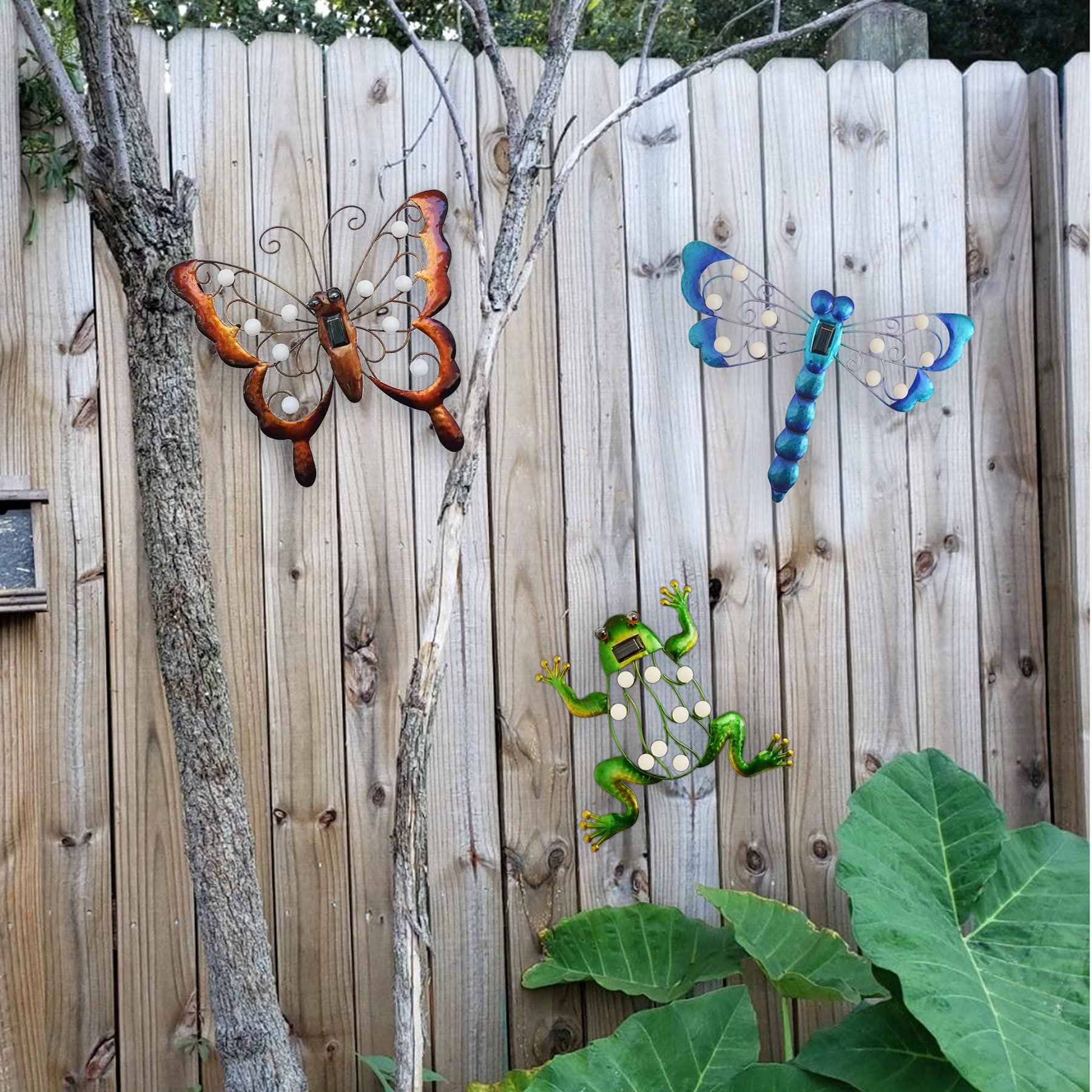 BVLFOOK Metal Butterfly Solar Lighted Wall Art Décor, Outdoor Butterfly Garden Décor, Butterfly Yard Art Butterfly Sculpture Lamp for Fence Patio C5