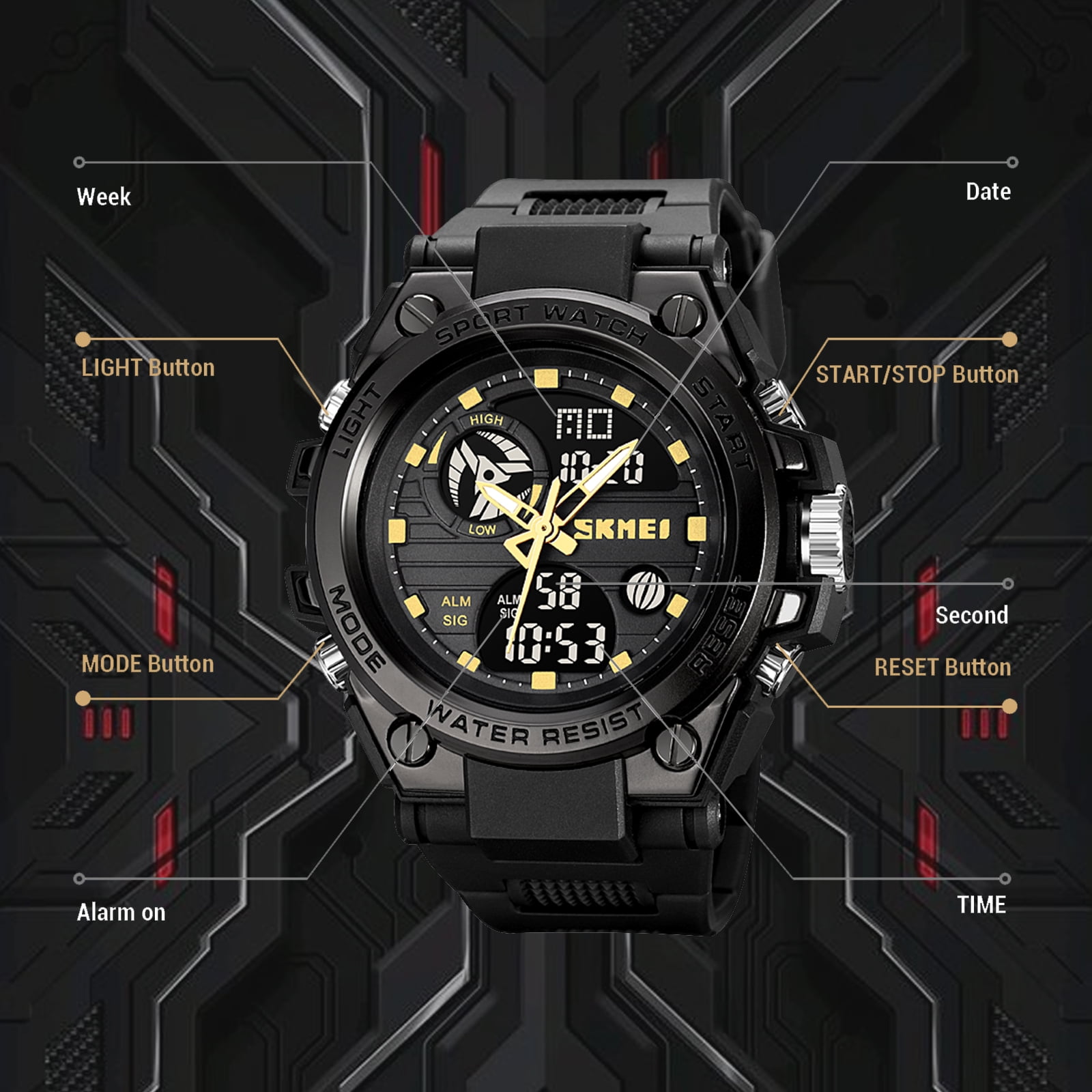 SKMEI Mens Digital Watch Sport Waterproof Watch Analog Military Tactical Watches LED Backlight Alarm Stopwatch Wrist Big Face Watches