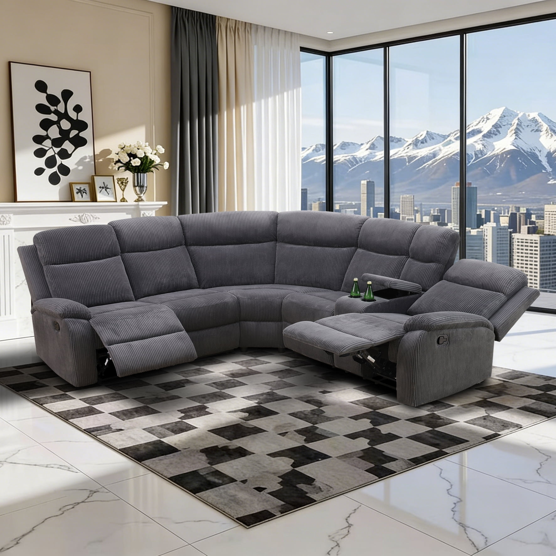 Gewnee Oversize Recliner Sofa Set – Multi-Functional Intelligent Sofa with Adjustable Backrest,Cup Holders,Storage Console,for Living Room,Office.Dark Grey Stripe