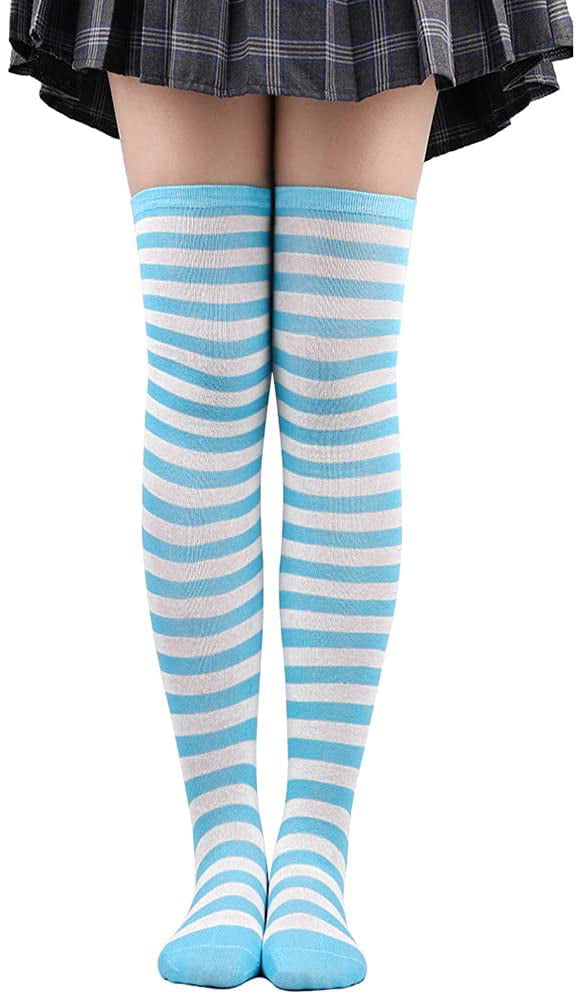 Women's Extra Long Opaque Striped over Knee High Stockings Socks 
