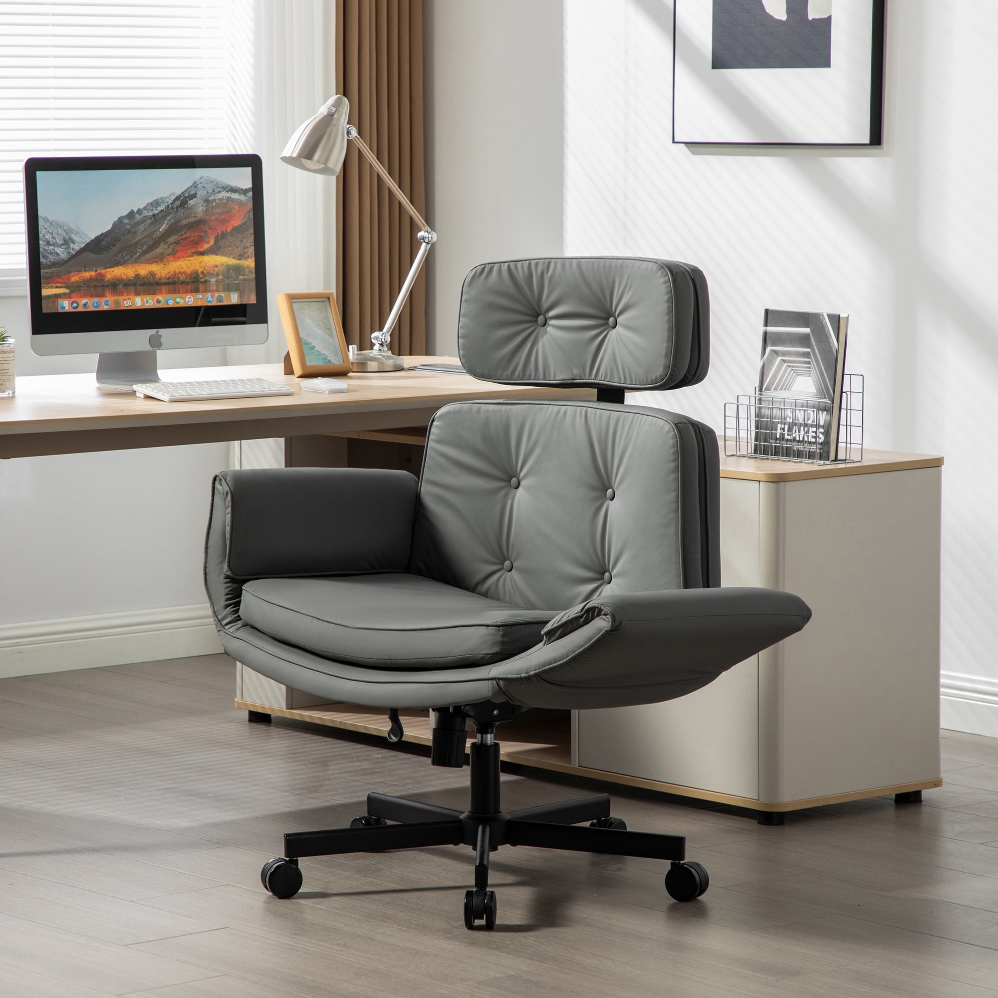 Peispie Criss Cross Office Chair with Adjustable Arms, Leather Cross Legged Desk Chair with Headrest, Wide Seat High Back Swivel Computer Office Chair for Home Office, Grey