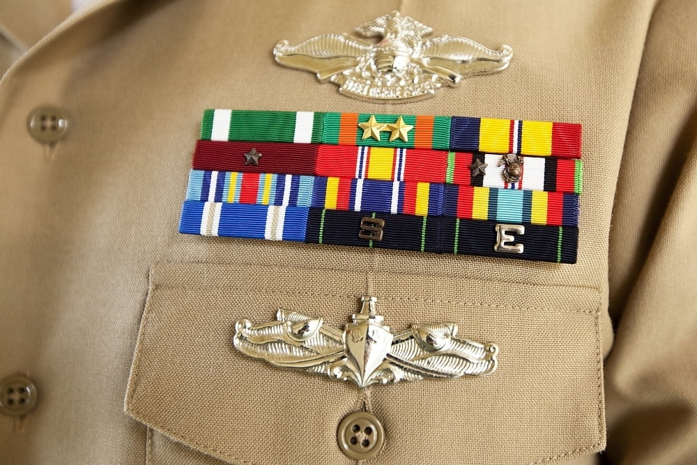 Closeup view of military decorations and honors on the uniform of a