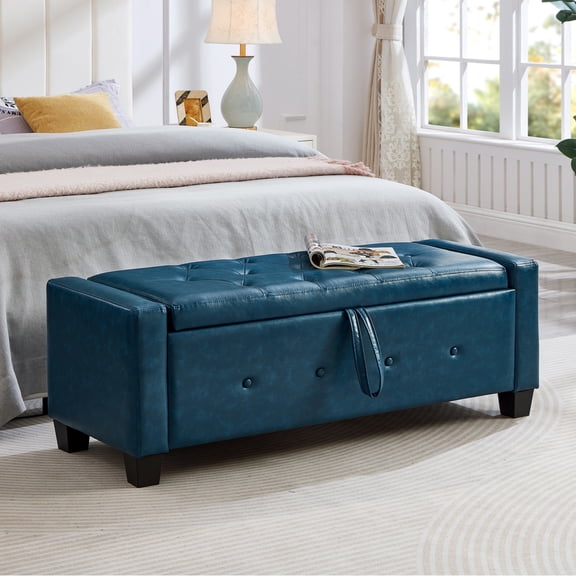 ECOBUY 48 in Ottoman Bench with Storage, Blue PU Faux Leather, 18.1 in Wide for Living Room