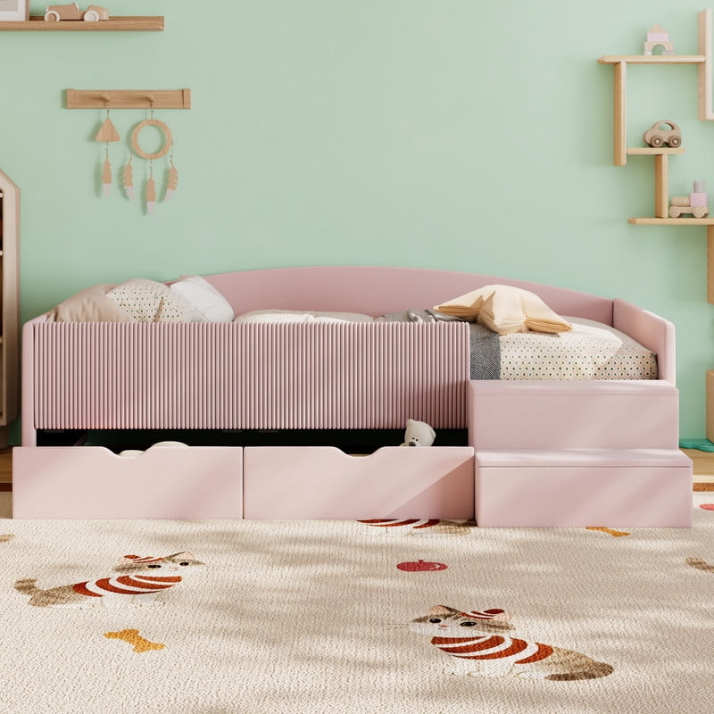 Twin Size Kids Daybed Frame with Small Stair & 2 Storage Drawers, Velvet+Corduroy Dual Upholstered Accent Platform Bed
