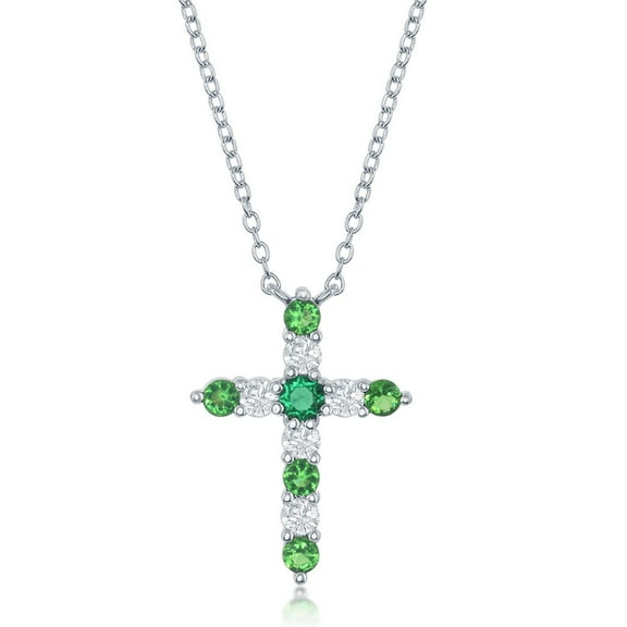 TheJewelryHut Fancy Designer Sterling Silver Emerald CZ 'May Birthstone' Cross Necklace