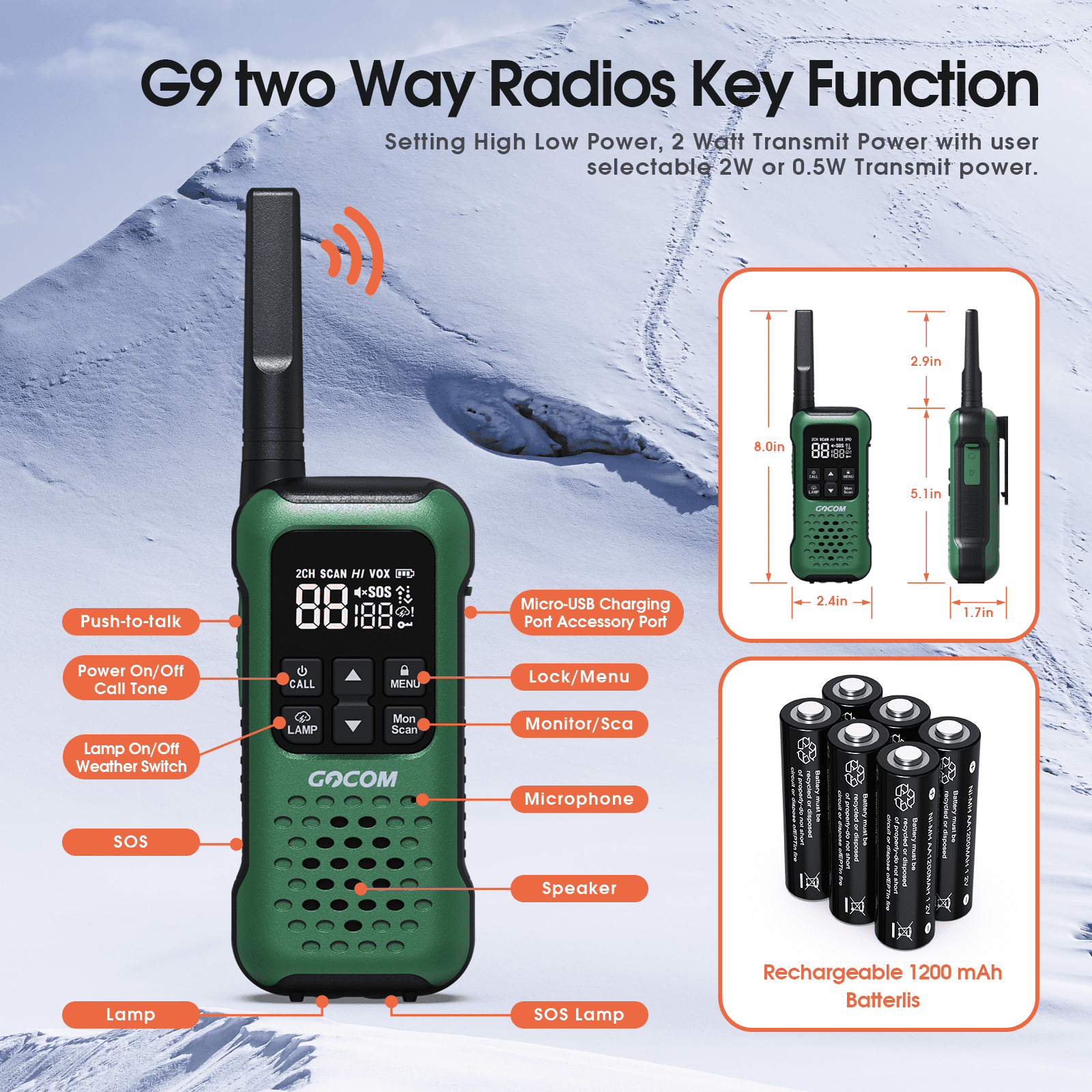 GOCOM G9 IP67 Waterproof Two Way Radios,Outdoor Adventure NOAA Weather Alert   SOS Emergency Lamp Adult Walkie Talkies Long Range Rechargeable (G9-6  Pack)