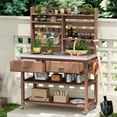 thumbnail image 1 of K&K 64.9"H Outdoor Potting Bench Table with Lockable Wheels, Solid Wood Outdoor Kitchen Island with Upper Hutch, Stainless Steel Top, Towel Rack ,Outdoor Storage for Grilling, Lawn Garden -Brown, 1 of 14