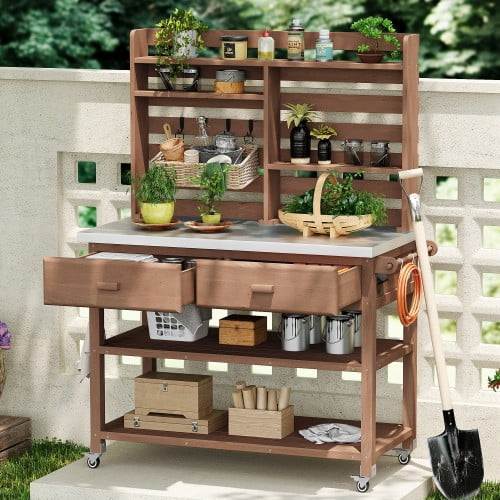 K&K 64.9"H Outdoor Potting Bench Table with Lockable Wheels, Solid Wood Outdoor Kitchen Island with Upper Hutch, Stainless Steel Top, Towel Rack ,Outdoor Storage for Grilling, Lawn Garden -Brown