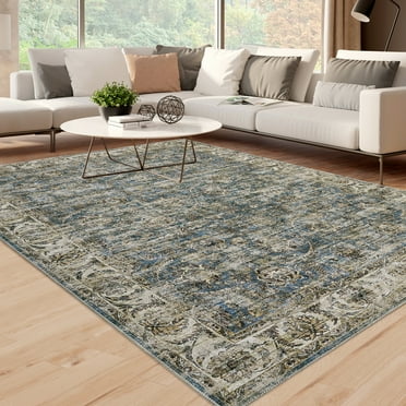 GlowSol 4'x6' Vintage Floral Area Rugs Washable Distressed Printed Throw Rugs Stain Resistant Non-Slip Foldable Accent Rug, Blue
