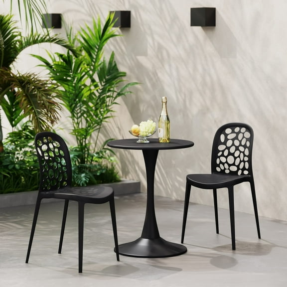 WestinTrends Playa 3-Piece Outdoor Indoor Metal Patio Dining Table Set With Stackable Polypropylene Patio Side Chairs, Black