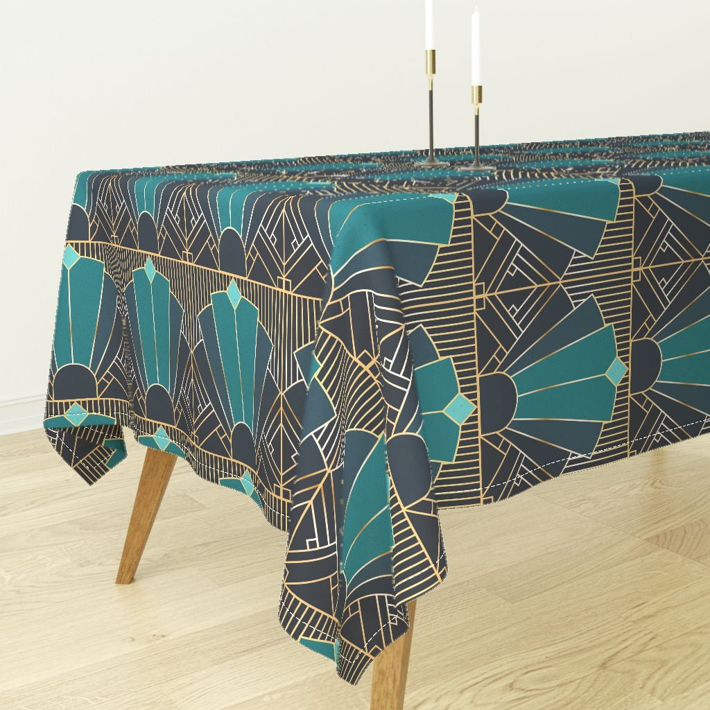 Tablecloth Art Deco 1920 Teal Navy 1920S Geometric Tile Cotton Sateen