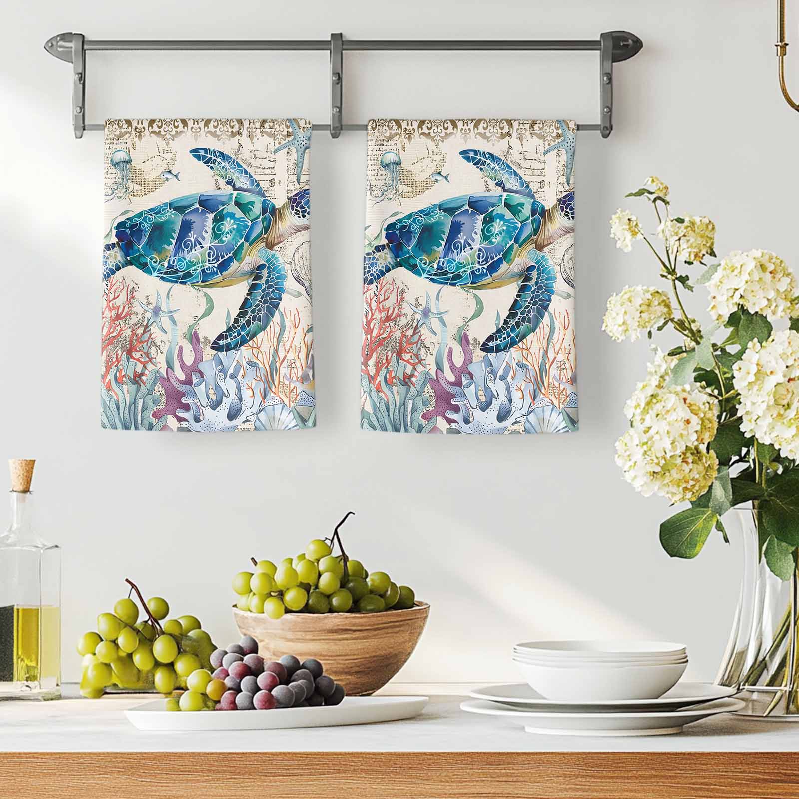Dish Towels, Sea Turtle Absorbent Kitchen Towels 2 PCS, Vintage Ocean Coral Seagrass Microfiber Hand Towels Dish Cloths Tea Towels for Home&nbsp;Bathroom Cleaning Drying,18X28-Inch,