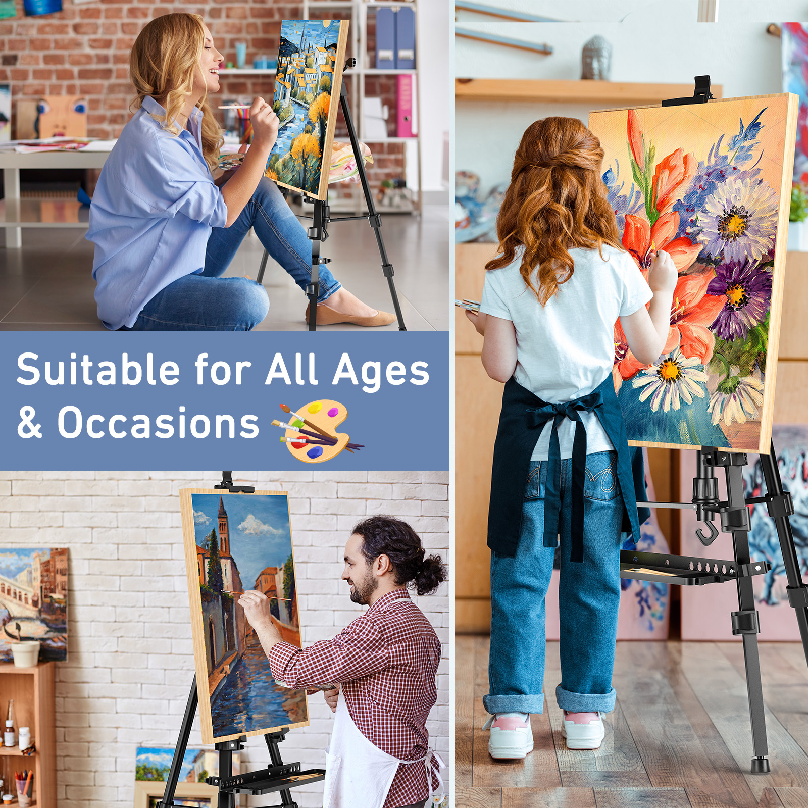 Doulami Art Easel Stand for Painting Portable Display Easel Stand Adjustable Metal Display Artist Tripod with Bag Height from 19 to 63 inches, Sturdy for Drawing, Displaying - Black