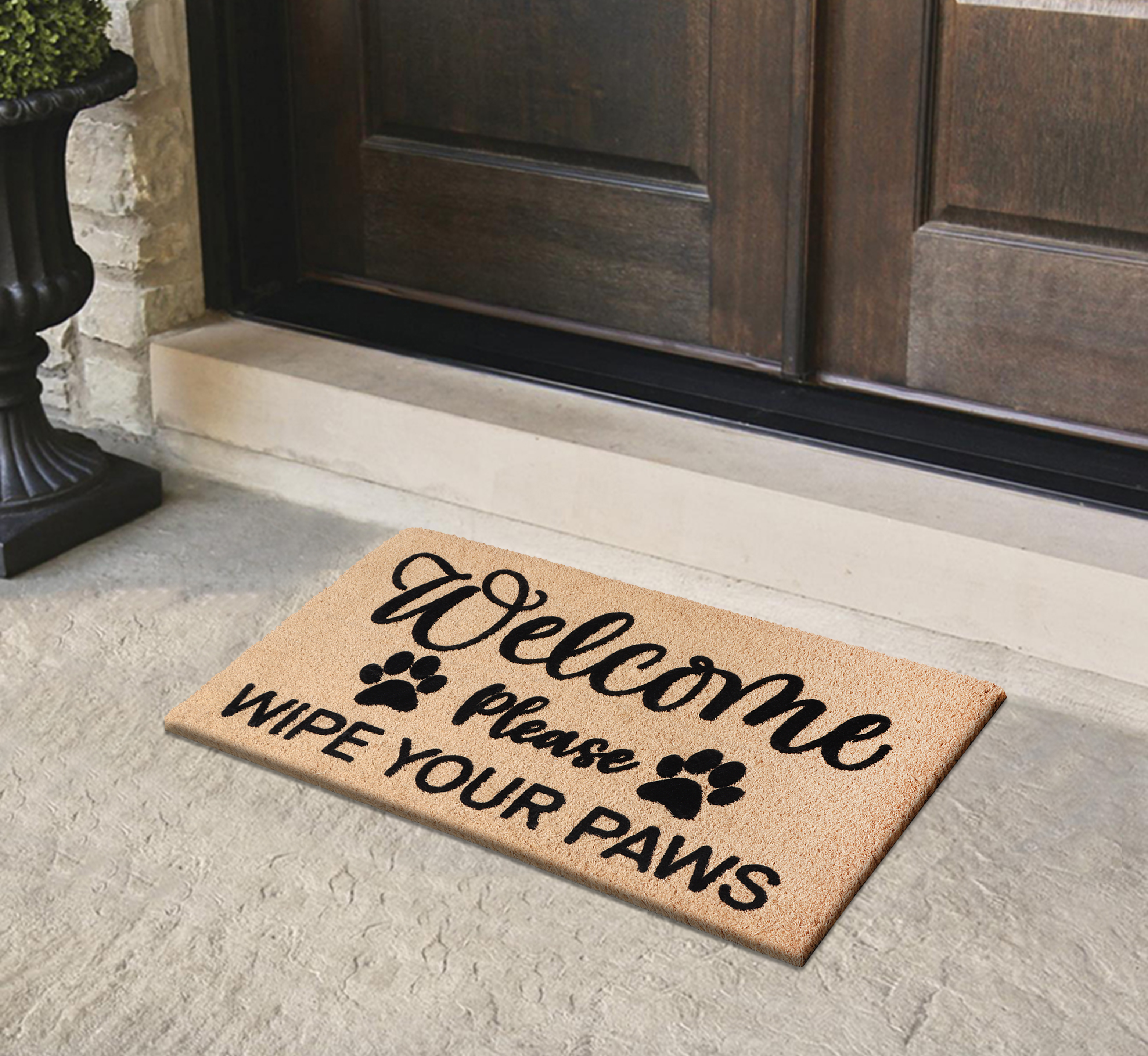 A1HC Natural Coir Flocked Welcome Doormat, Paws Black, 24x36 Inches, Durable Outdoor Mat, Non-Slip, Fade Resistant