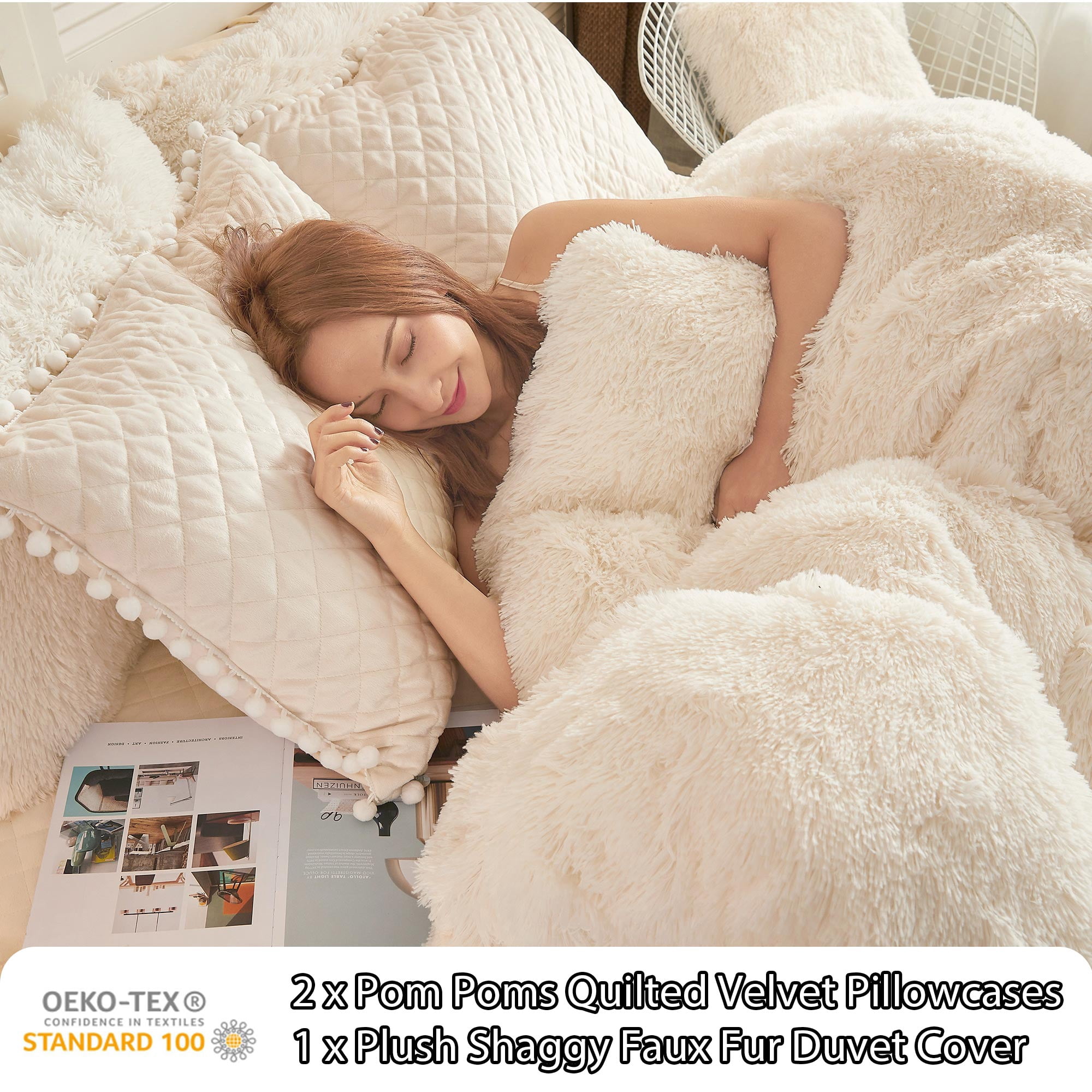 LIFEREVO 3 Pieces Luxury Plush Shaggy Faux Fur Duvet Cover Set(1 Fluffy Fuzzy Comforter Cover + 2 Pompoms Fringe Quilted Pillow Covers) Furry Bedding Set, Zipper Closure, Queen Size, Beige