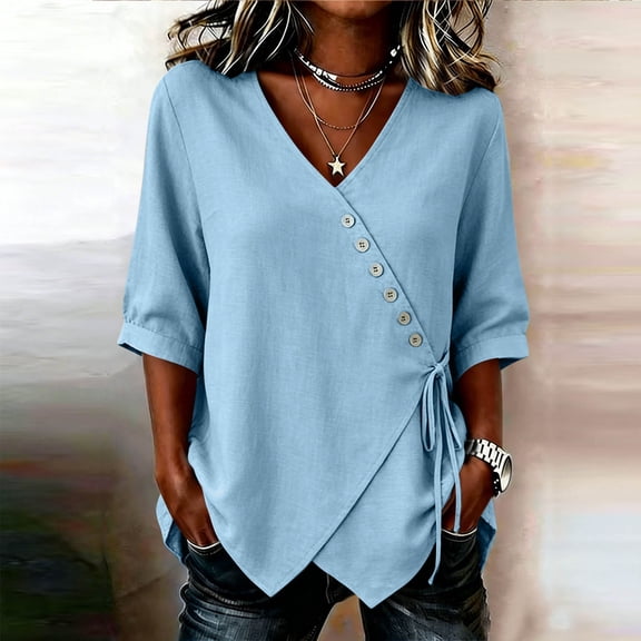 Yteetum Women's 3/4 Sleeve Summer Tops Oversized 3/4 Length Sleeve Cotton Linen V Neck Button Side Tie T Shirts Women Casual Solid Loose Lightweight Comfy Blouses