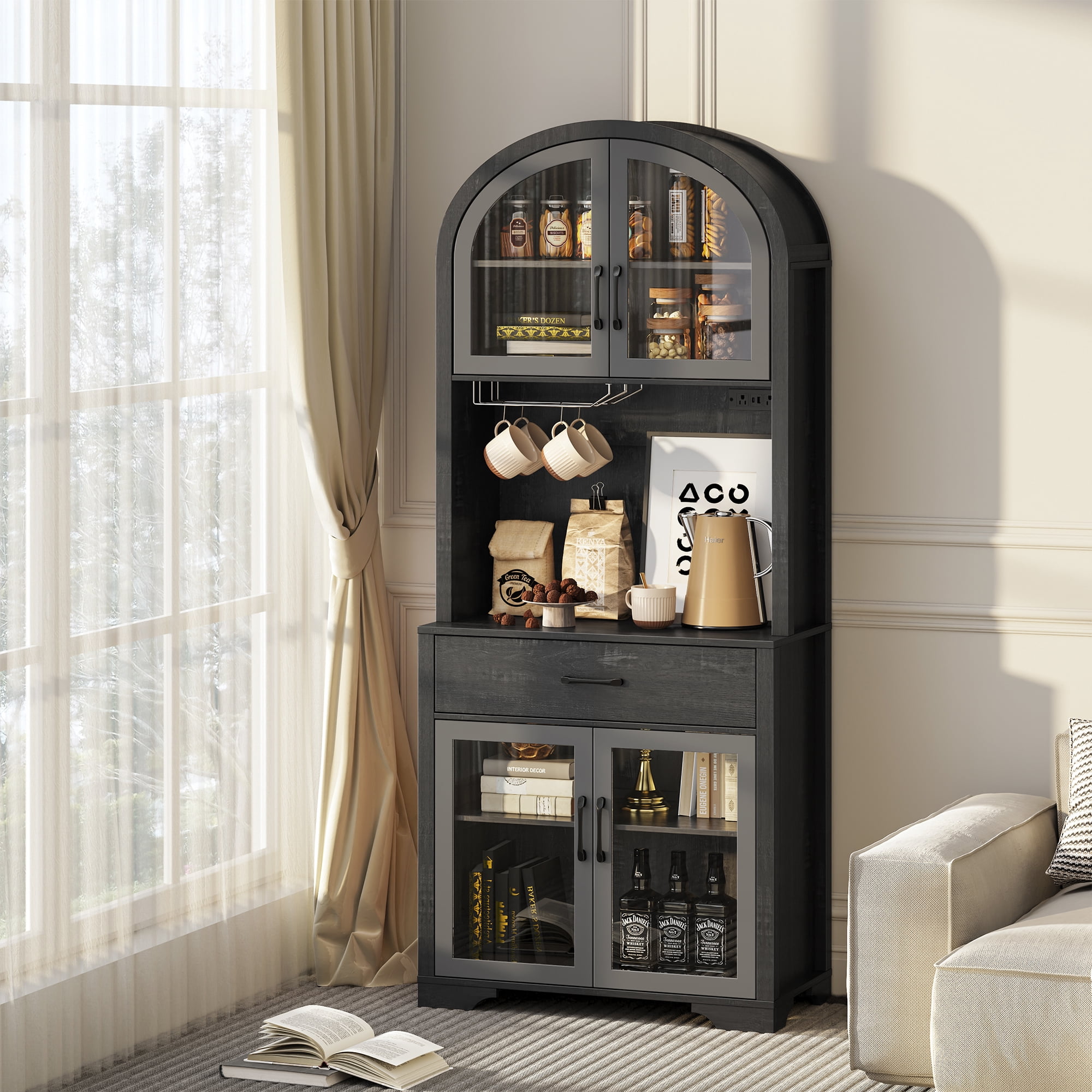 75" Tall Pantry Hutch with Charging Station and Microwave Stand, Kitchen Cabinets Hutch Cupboard for Kitchen, Dining Room, Black