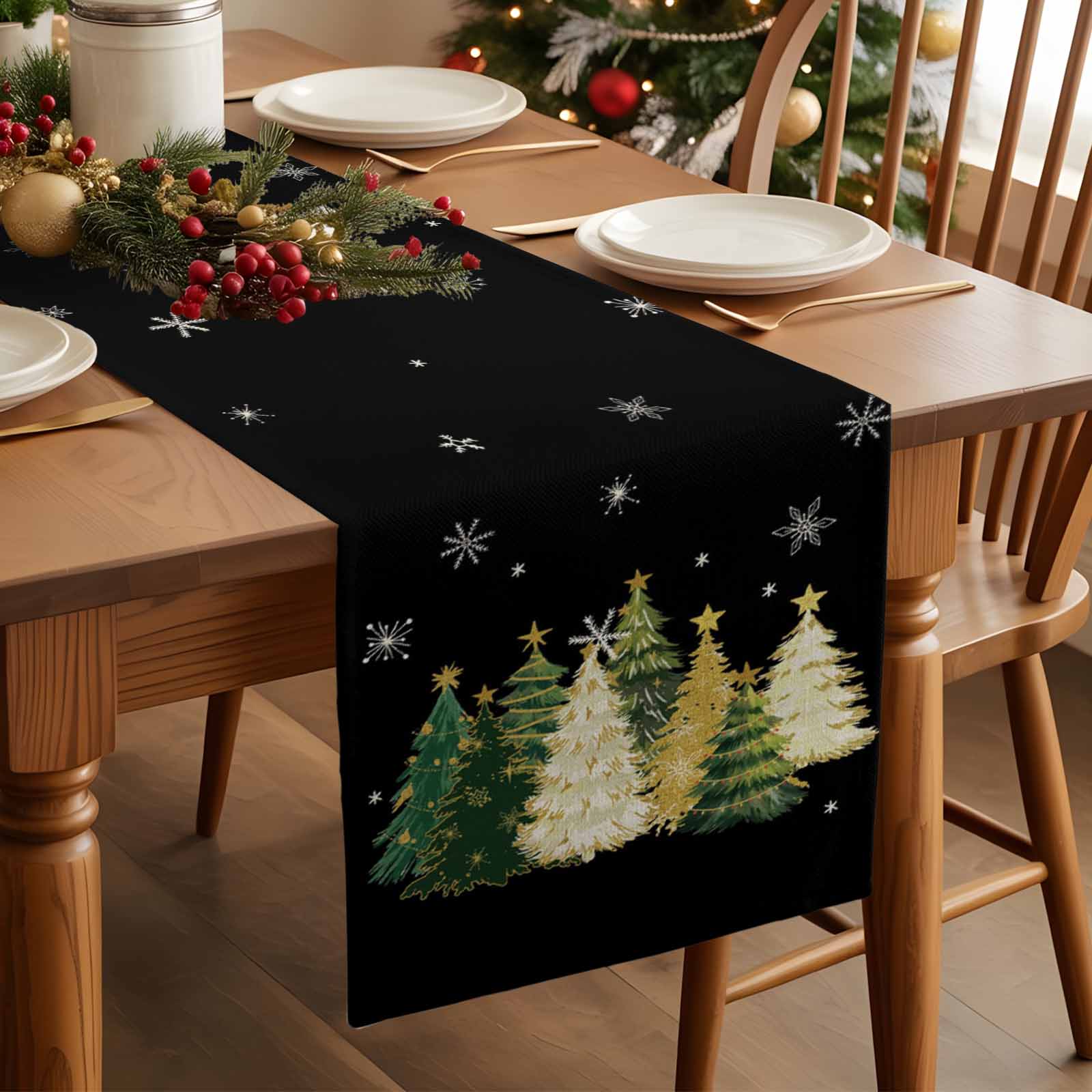 Black Christmas Tree Dresser Scarf Farmhouse, Dining Table Decorations for Wedding/Parties, Xmas Tree Winter Snowflake Table Runner 60 Inches Long for Kitchen Dining, 13 x 60 In