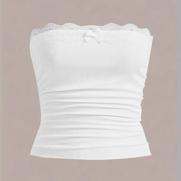 Ladies' Lace Patchwork Strapless Tube Top - Casual Fashion Polyester Blouse for Daily Wear