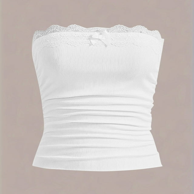 Ladies' Lace Patchwork Strapless Tube Top - Casual Fashion Polyester Blouse for Daily Wear