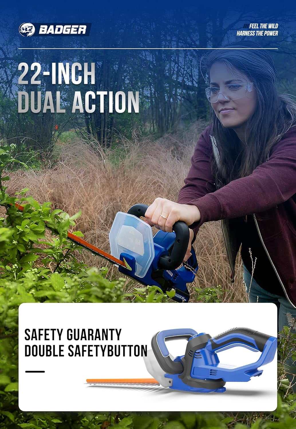 WILD BADGER POWER 20V Hedge Trimmer Upgrated, 22" Cordless with Guard & Bumper, Lightweight, Powerful, 2.0AH Battery and Charger Included