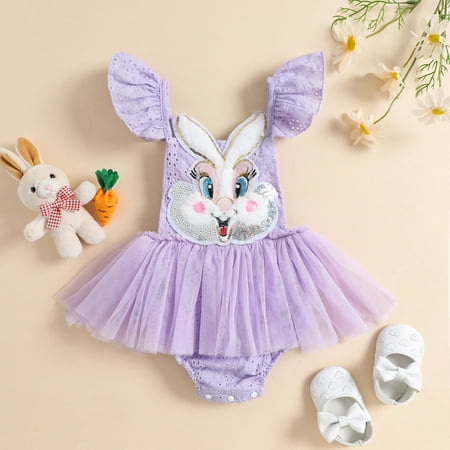 

Newborn Infant Baby Girls Easter Romper Dress Sequined Rabbit Embroidery Fly Sleeve Tulle Lace Tutu Jumpsuits