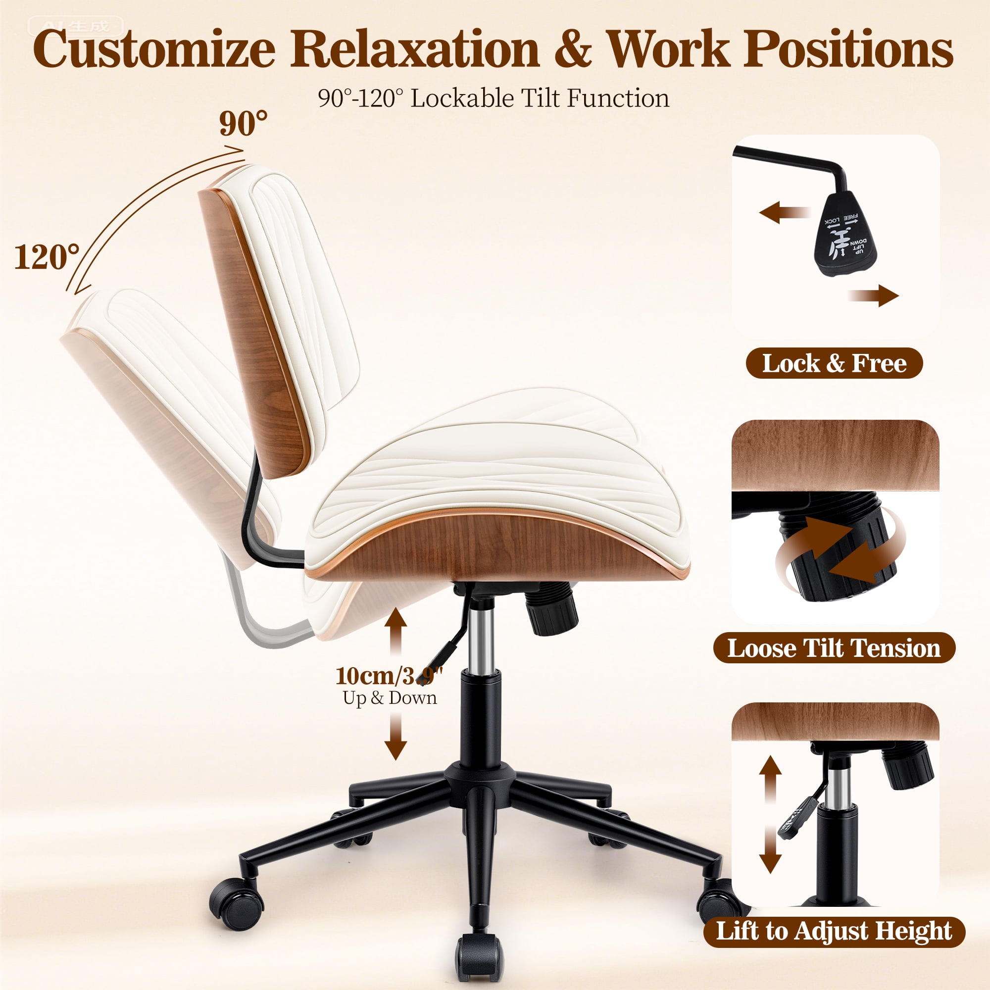COOLHUT Home Office Chair, Armless Adjustable Height Small Office Desk Chair, PU Leather Swivel Computer Chair, Modern Walnut Bentwood Chair for Office, Reading, Makeup Vanity, Creamy White