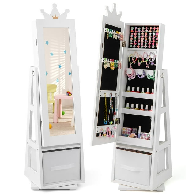Gymax Armoire à Bijoux pour Enfants avec Tiroir Miroir Pleine Longueur 2 Angles d'Inclinaison Réglables Blanc