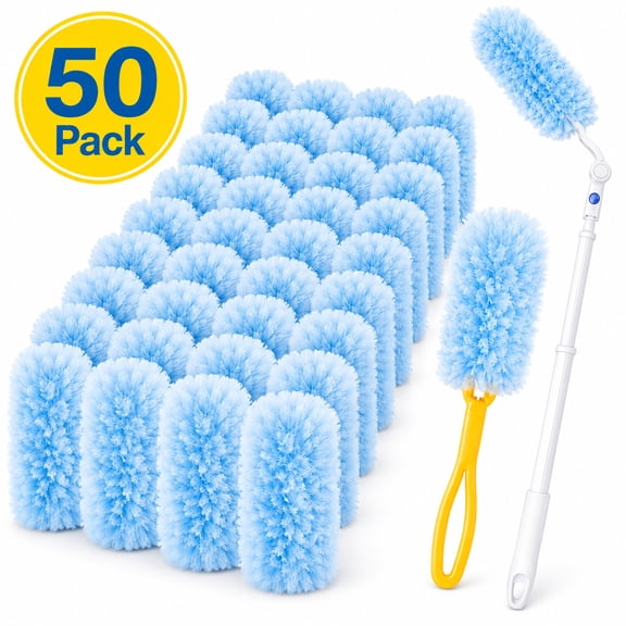DAEX 50 Count Heavy Duty Disposable Duster Refills with 2 Handles, 360° Multi-Surface Dusting Kit with Extendable Pole and Short Handle