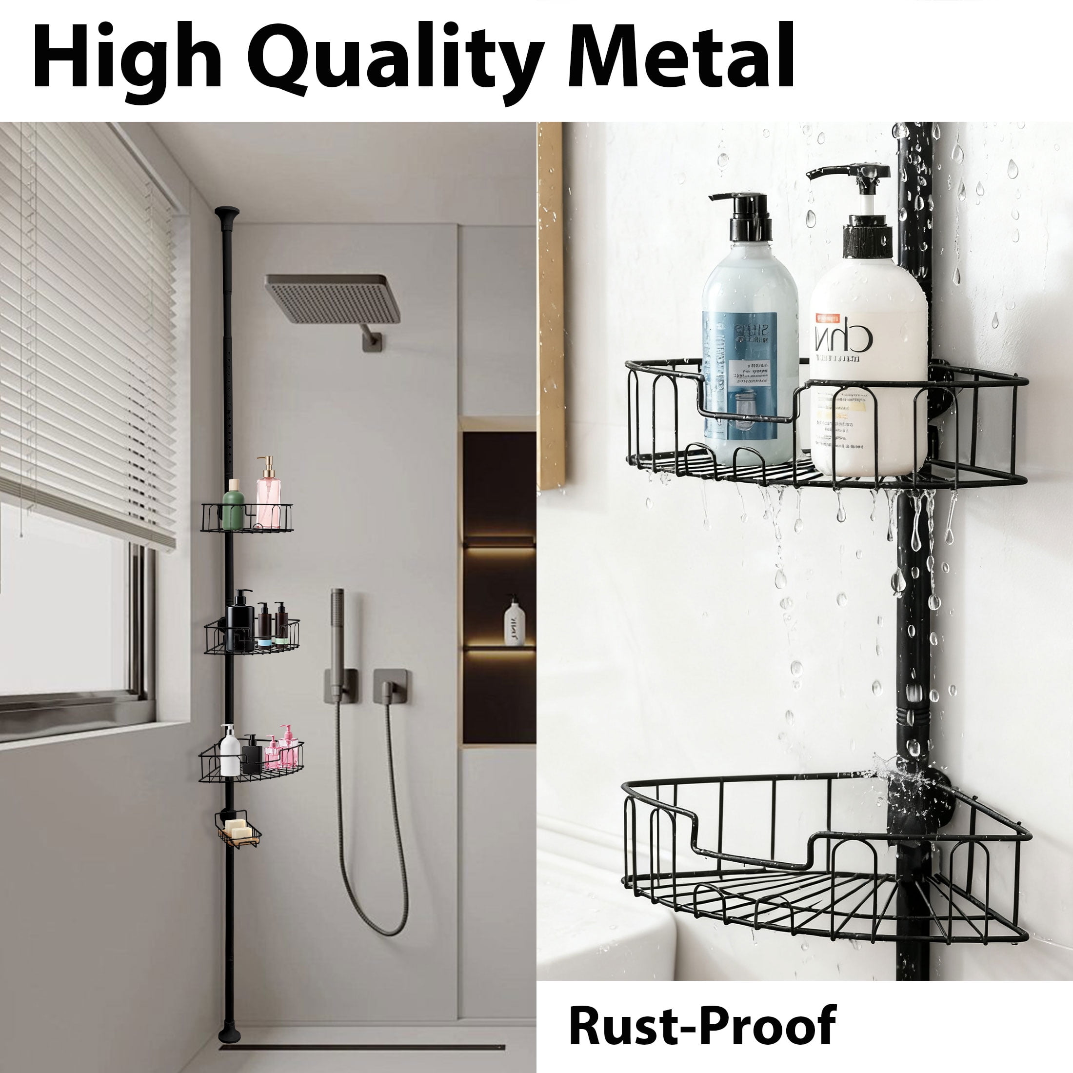 FENHRTVM Shower Caddy Tension Pole Adjustable  Height 56-114Inch Black Metal Bathroom Organizer