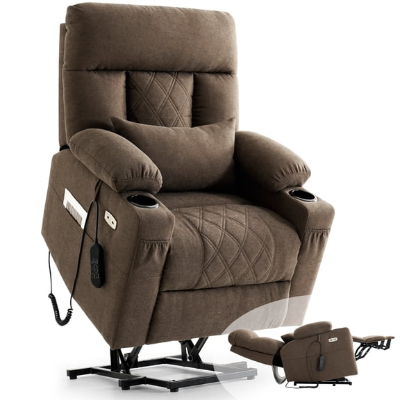 TEKAMON Power Lift Recliner Chair for Elderly - Adjustable Headrest, Three Motor, Infinite Positions, Built-in Massage and Heating, USB Ports, Cup Holders - Brown
