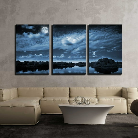 wall26 - 3 Piece Canvas Wall Art - Beautiful Full Moon Reflecting in a Lake - Modern Home Art Stretched and Framed Ready to Hang - 24"x36"x3 Panels
