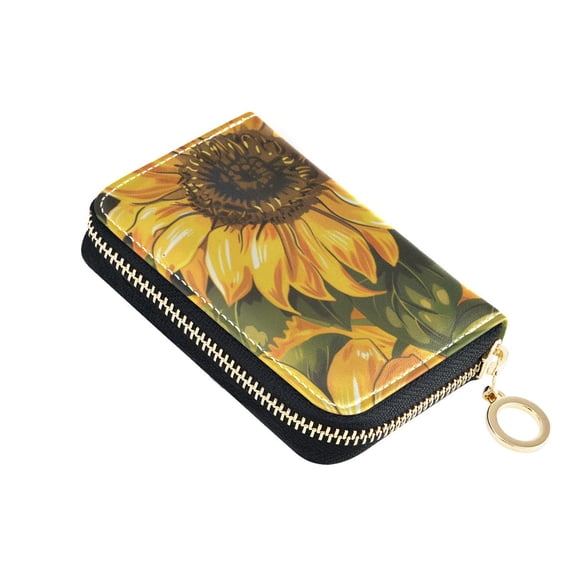 Sunflowers Green Leaves Women's Credit Card Holder PU Leather Zipper Wallet RFID Blocking