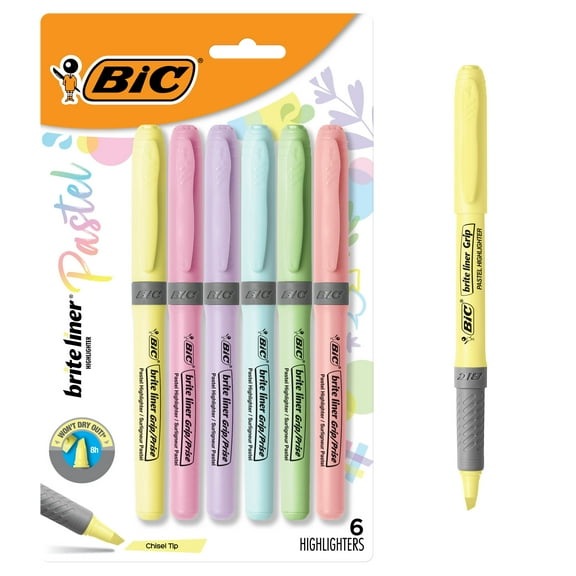 BIC Brite Liner Grip Pastel Highlighters, Assorted Colors