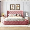 thumbnail image 3 of Queen Size Upholstered Platform Bed, Storage Velvet Bed Frame with Wingback Headboard,1 Big Drawer and 2 Side Storage Stool,Modern Comfy Tufted Bed for Bedroom Guestroom,Pink, 3 of 9