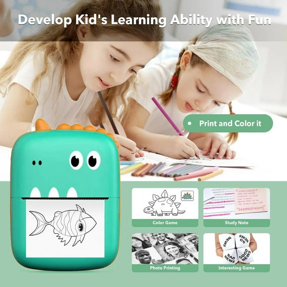 SJPACK Mini Bluetooth Thermal Printer,Dinosaurs Pocket Photo Inkless   13 Rolls Sticker Paper for Notes, Flashcards, Journal, DIY, Compatible with iOS & Android